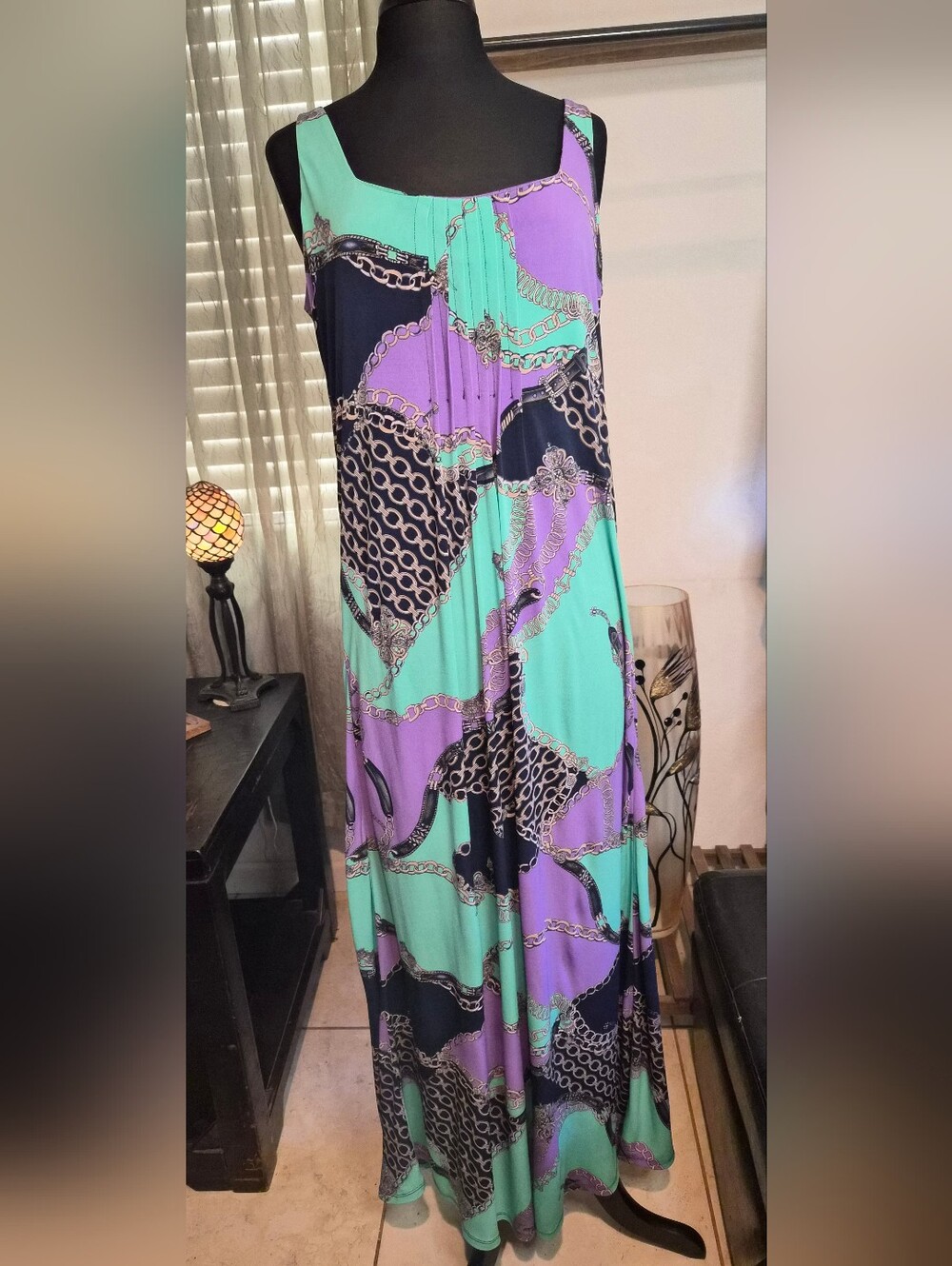 Glamour & Co. Mint Green, Lavender & Black Chain-Print Maxi Dress #0192